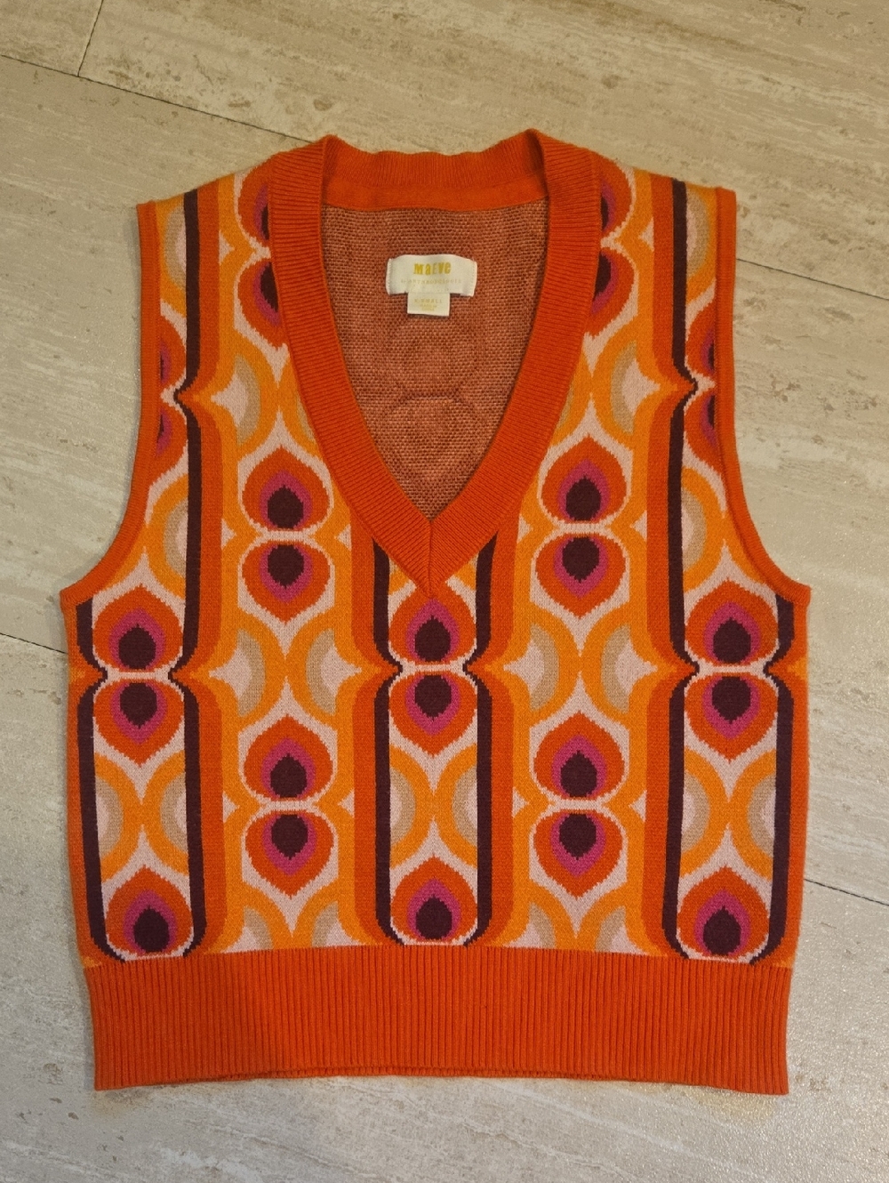 Maeve by Anthropologie Orange Design Print V-Cut Sweater Vest - Picture 1 of 6